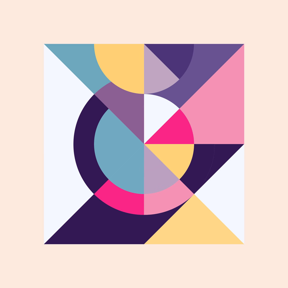 A geometric composition featuring overlapping circles and triangles in pastel shades against a light background.