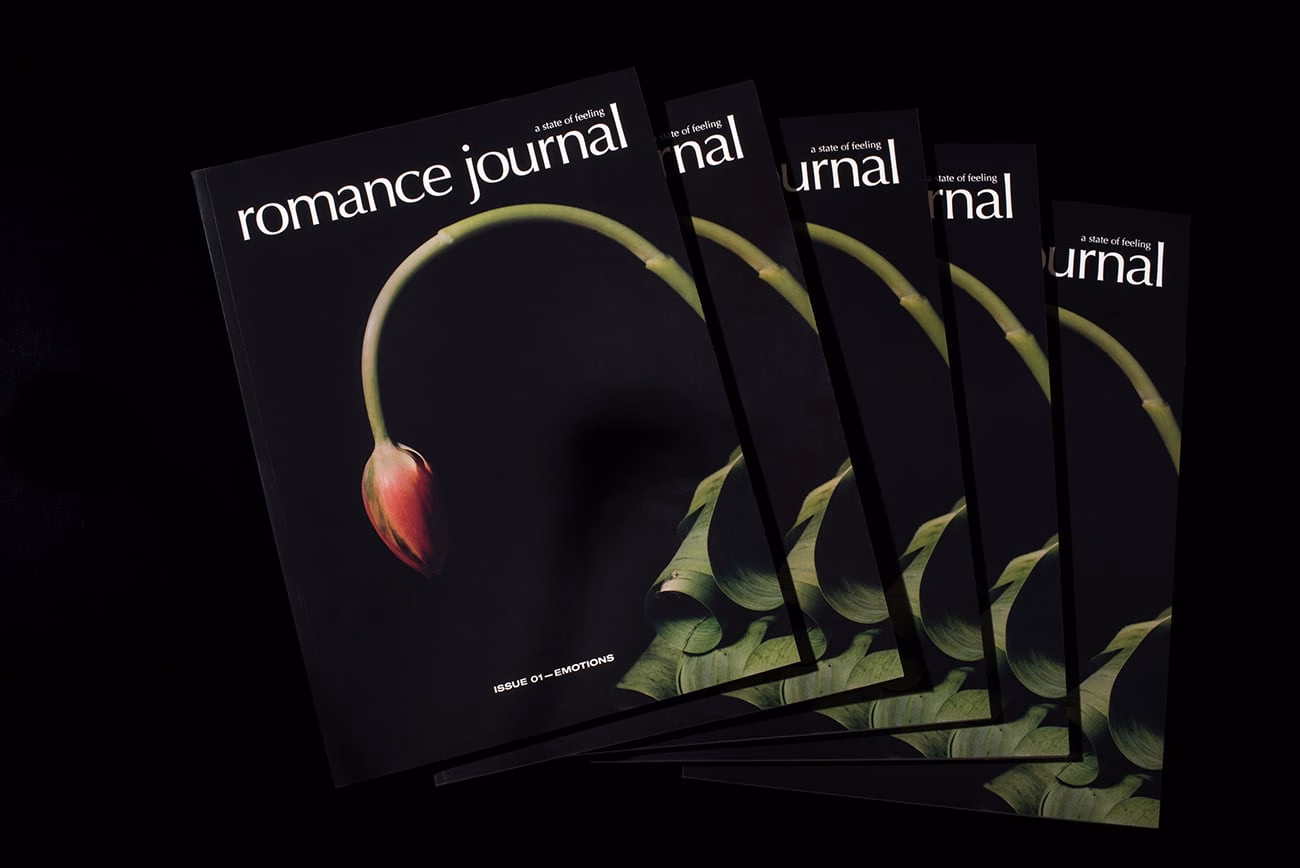 A stack of magazines titled "romance journal," featuring a pink lotus bud and green stem against a black background.