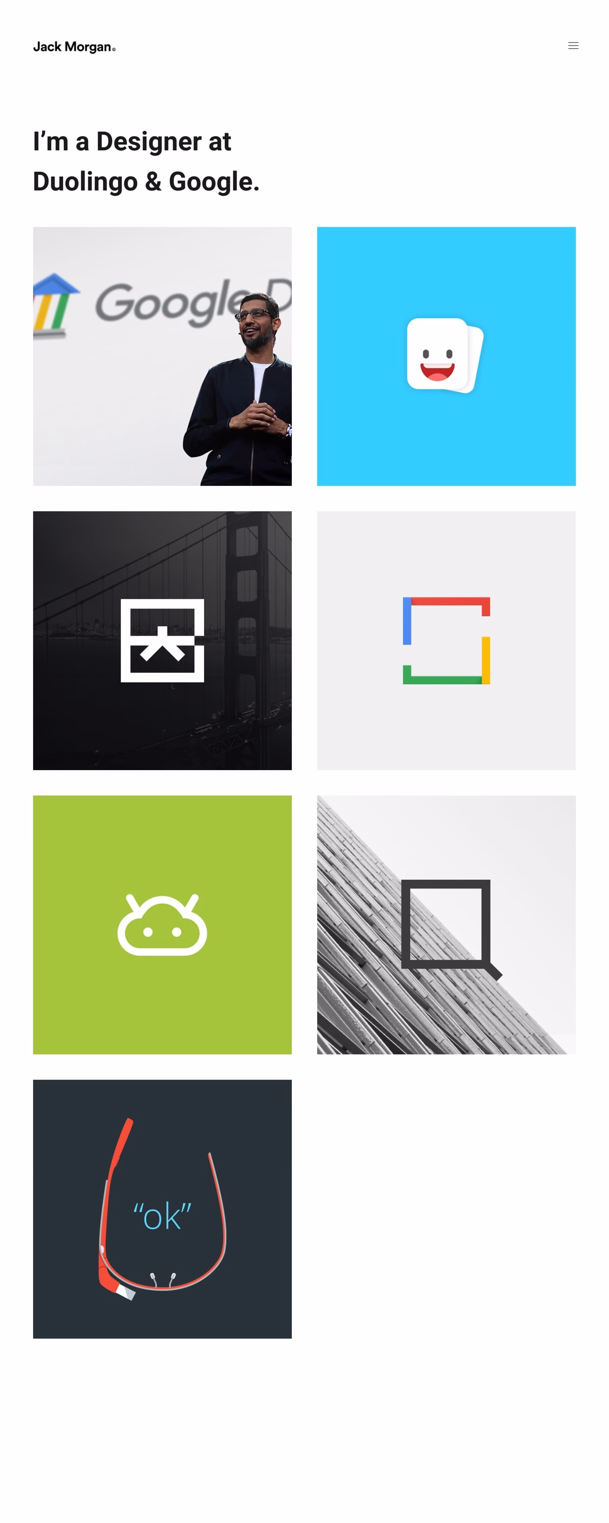 A designer's portfolio showcases logos and icons in various colors against a clean, white background.