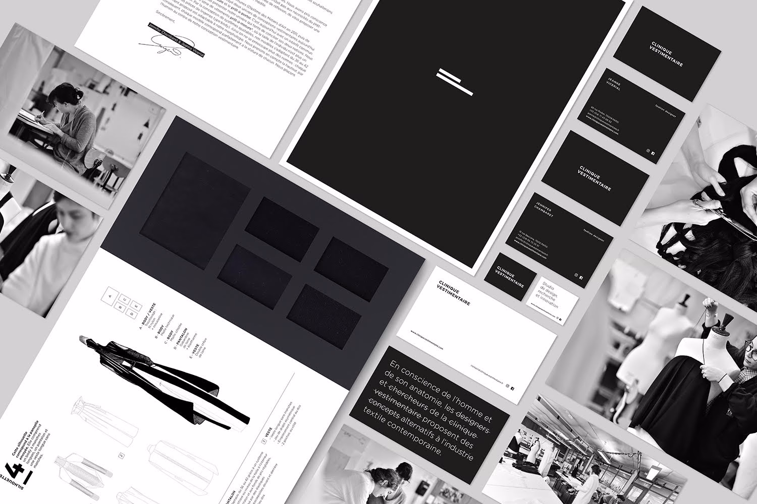 A layout featuring black and white images, sleek typography, and fabric swatches on a light background.