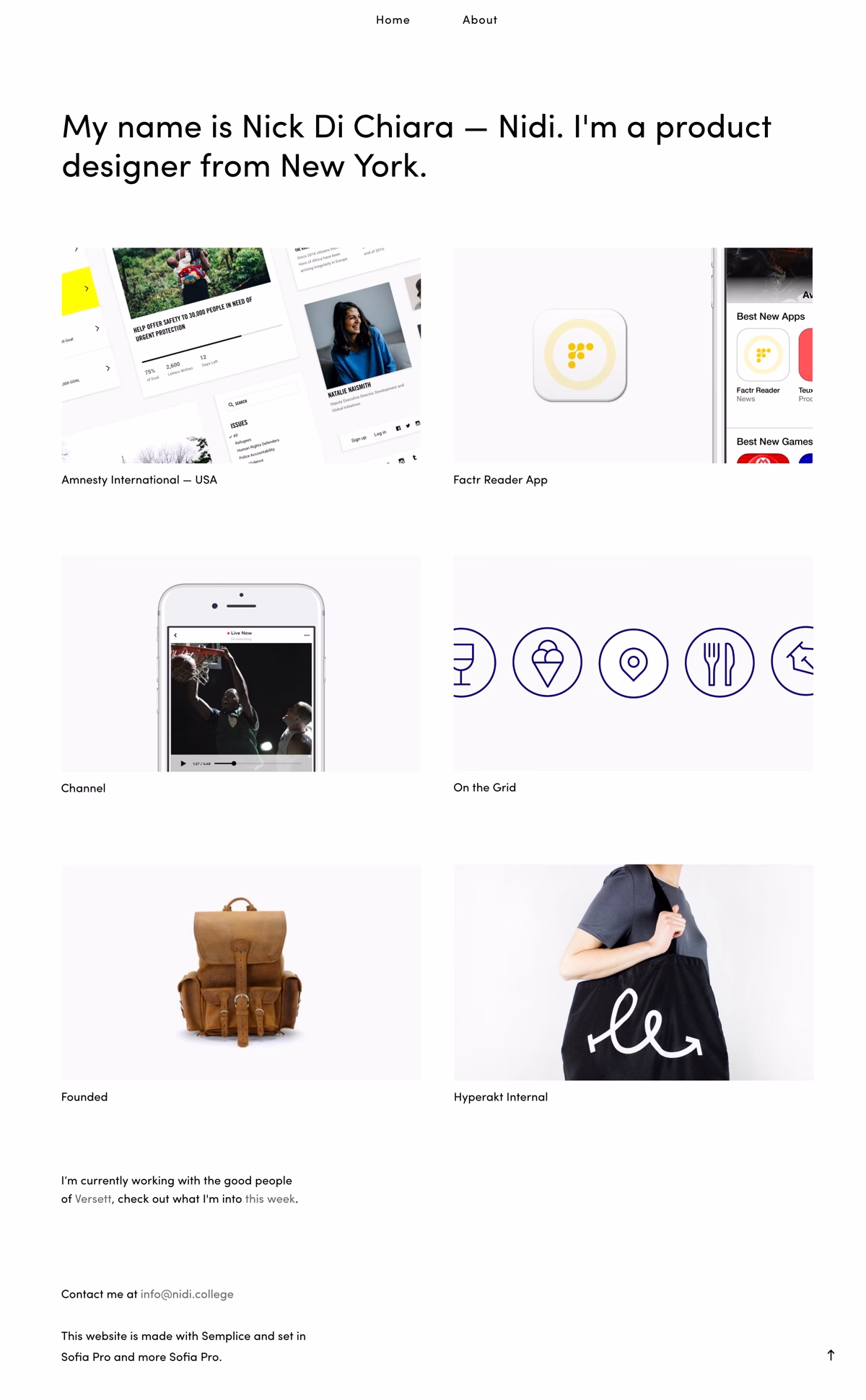 A minimal website showcasing design work, featuring a tan backpack and a black tote bag with a white graphic.