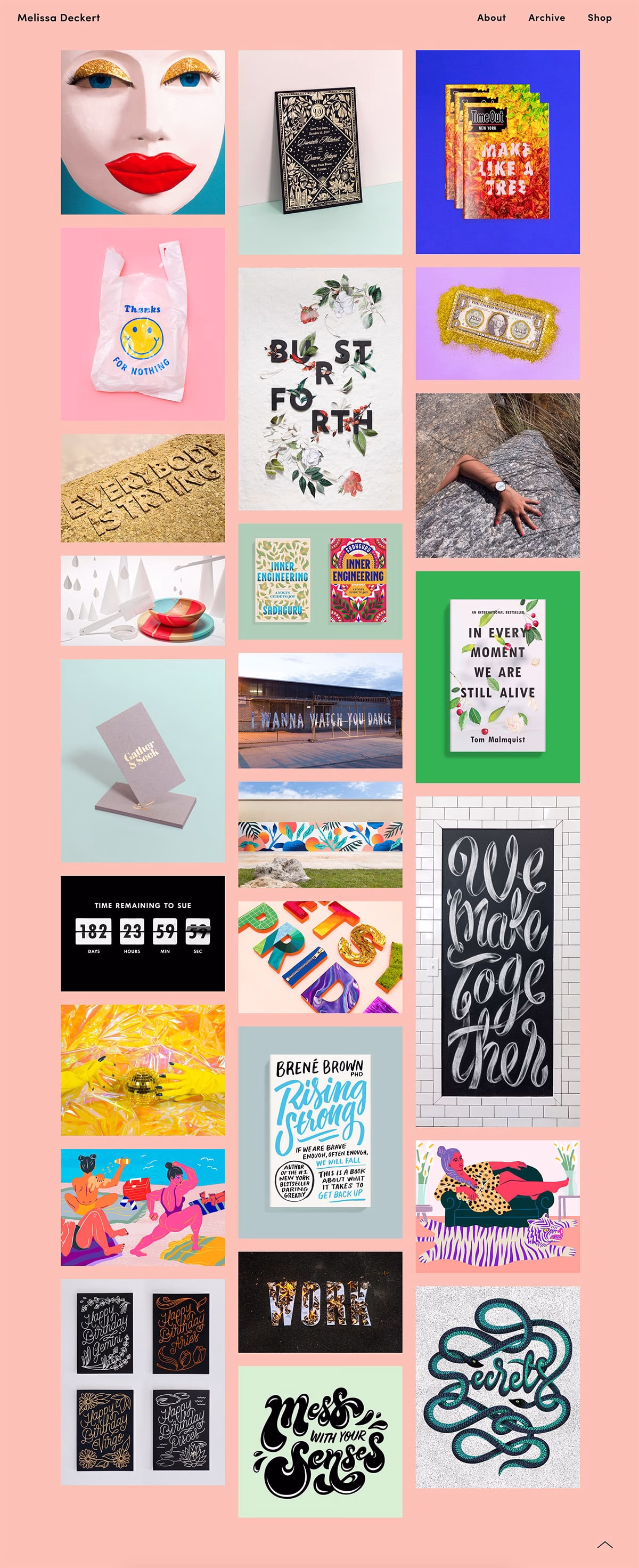 A colorful grid featuring various art pieces, including bold typography and vibrant illustrations on a pink background.