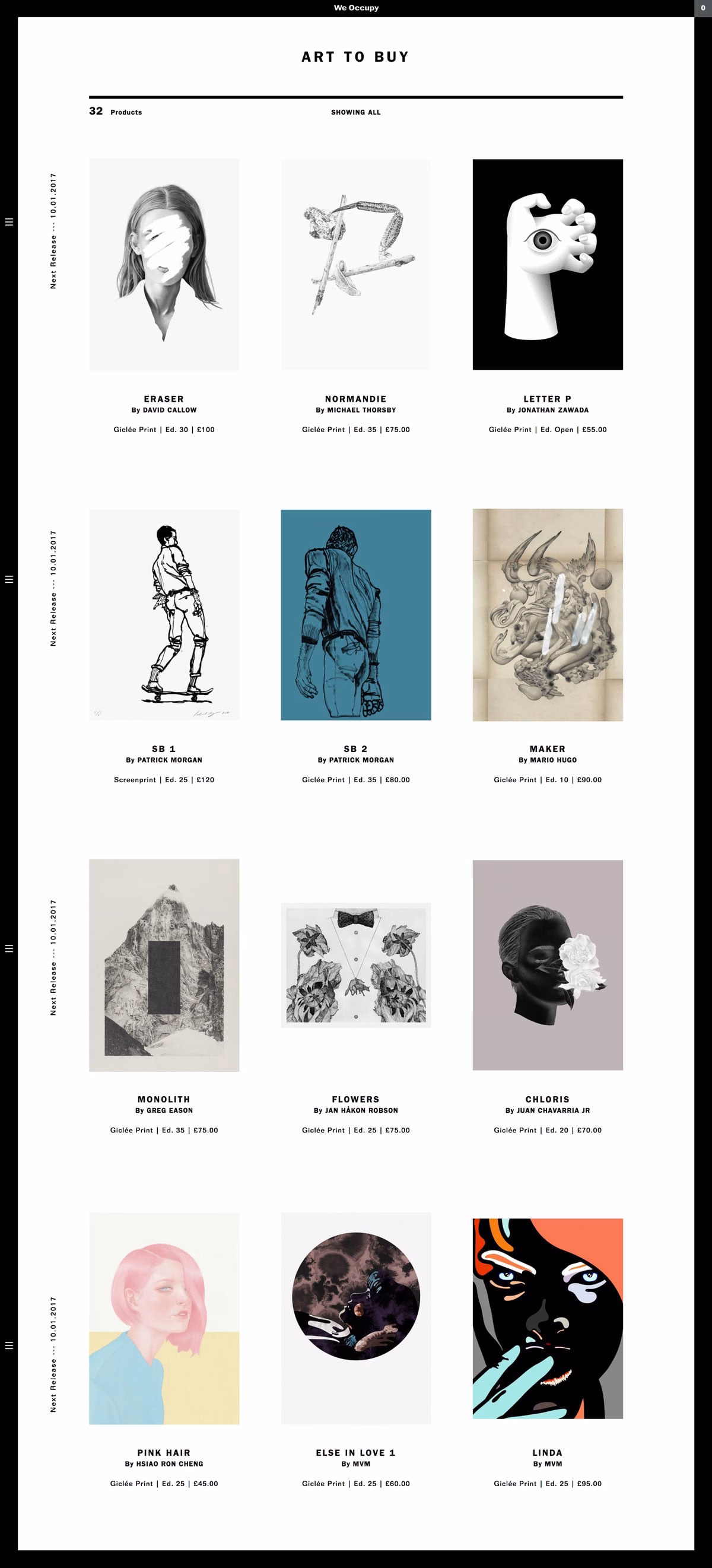 A grid of artworks with monochrome and vibrant pieces, including illustrations and prints by various artists.