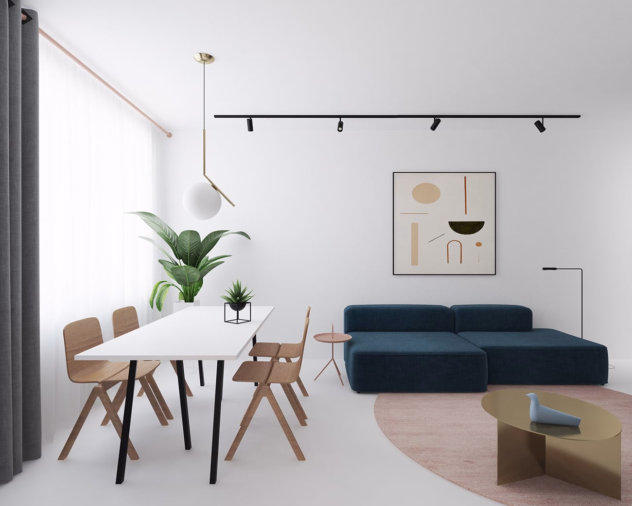 A minimalist living space features a dark blue sofa, wooden dining chairs, and a round pink rug under a coffee table.
