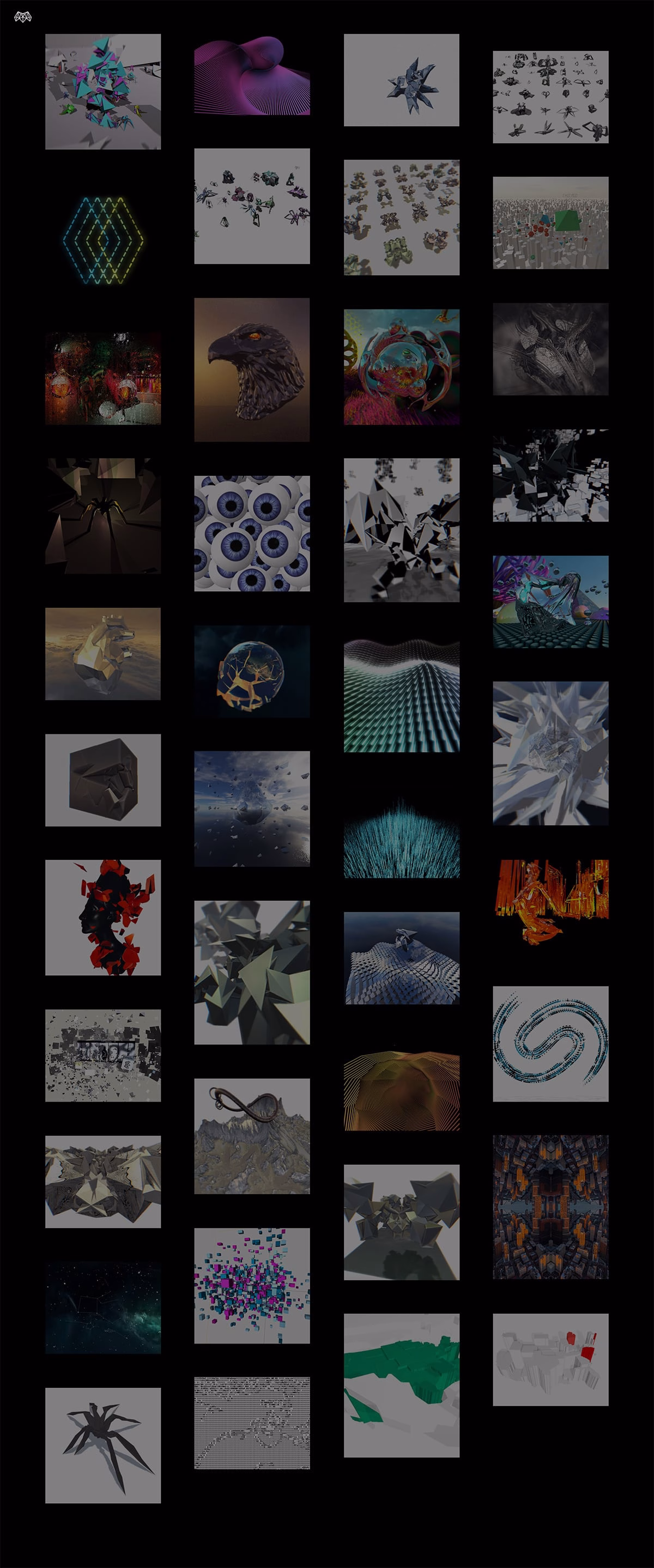 A grid of abstract digital artworks, featuring various geometric shapes and colorful textures against a dark background.