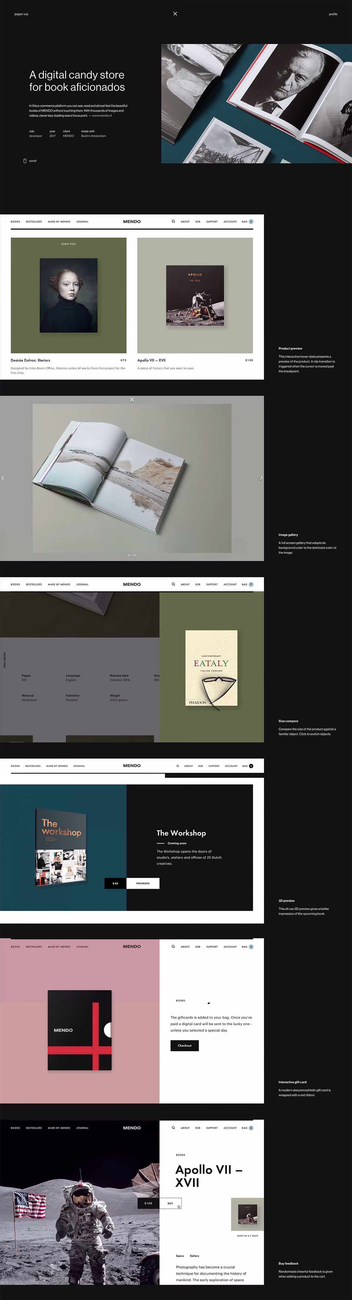 A dark-themed website interface showcasing various books with vibrant cover designs and product previews.