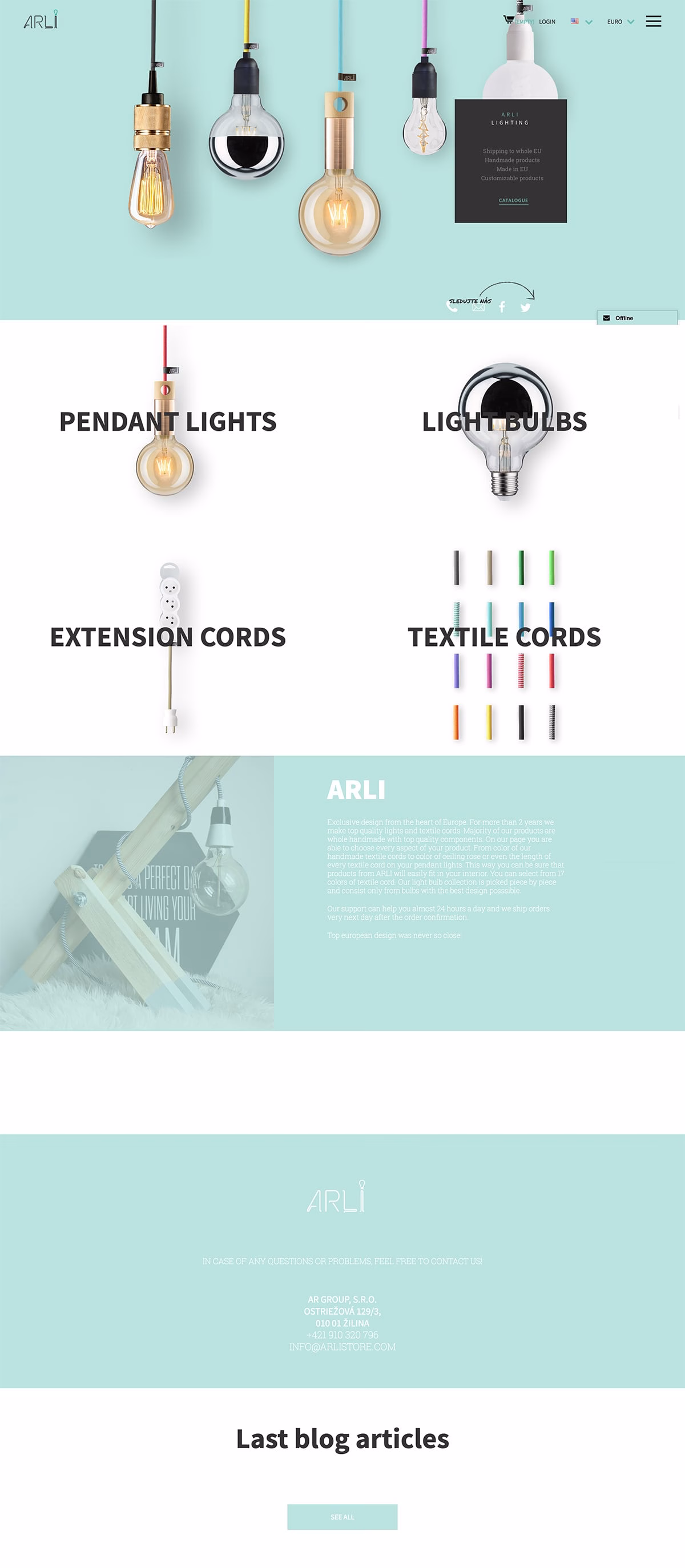 A minimalist webpage features colorful pendant lights, extension cords, and textile cords, set against a pastel blue background.