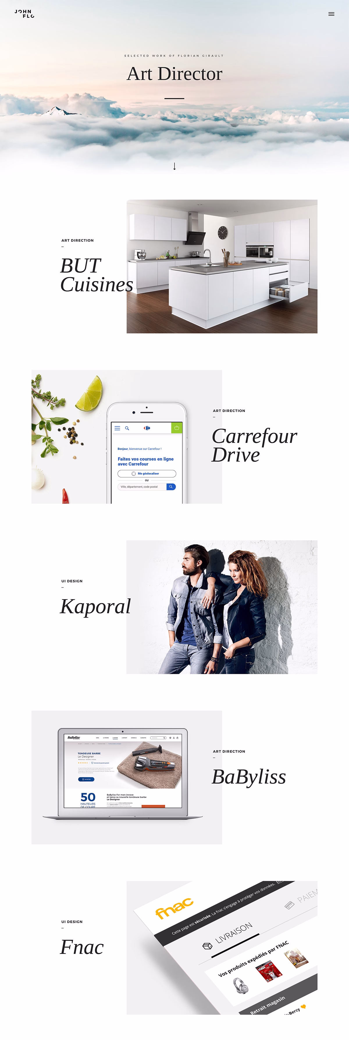 A clean web layout showcases various design projects, including an elegant kitchen and mobile app interface.