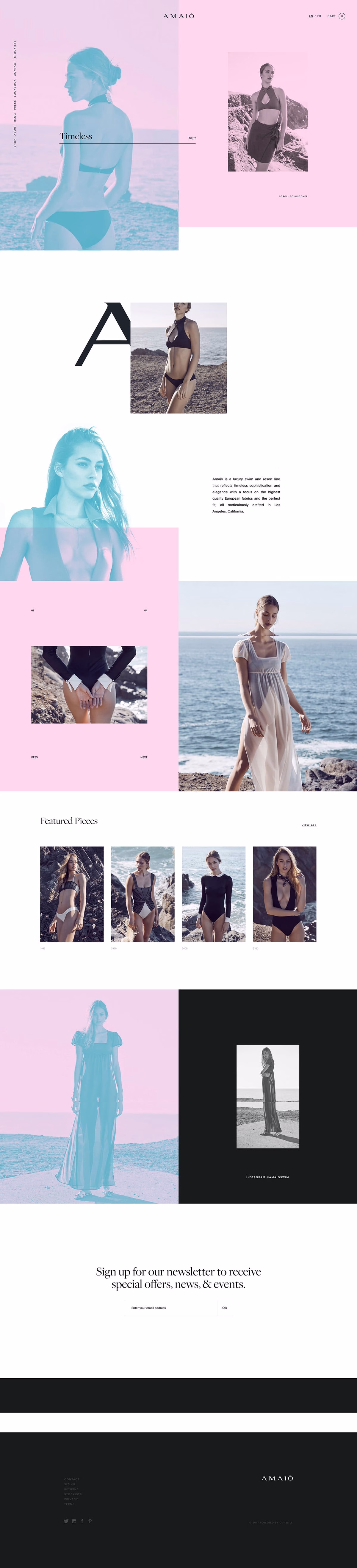 A visually striking layout features models in swimwear and dresses against a coastal backdrop with pastel pink and dark elements.