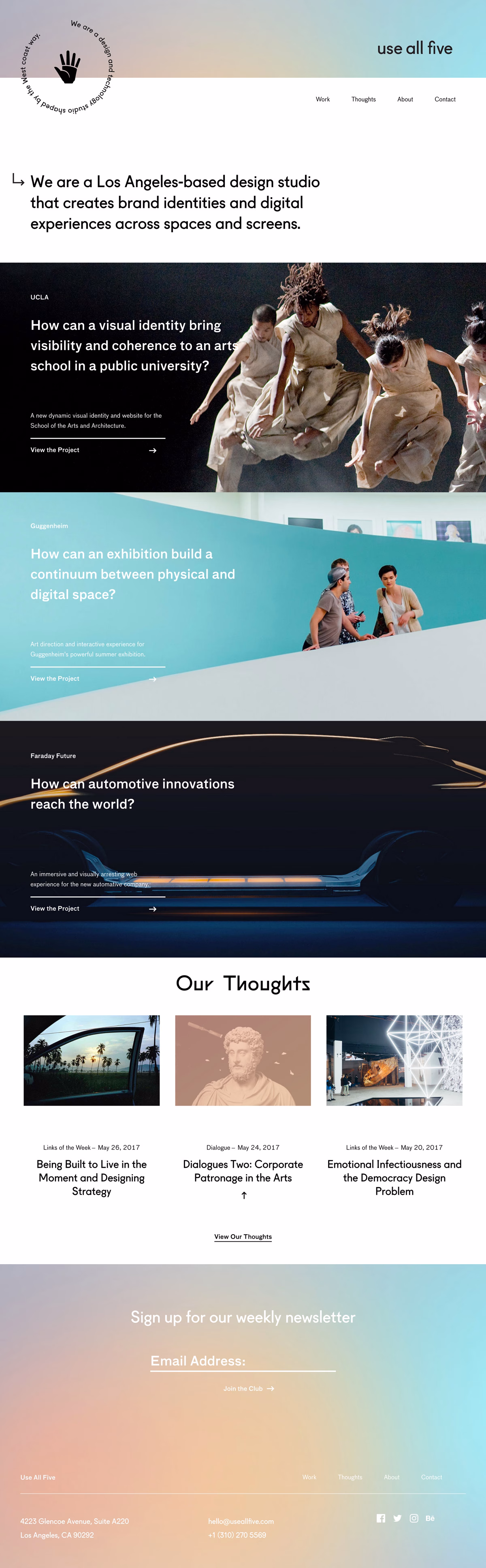 A website features a gradient background with sections that discuss design projects and invite newsletter sign-ups.