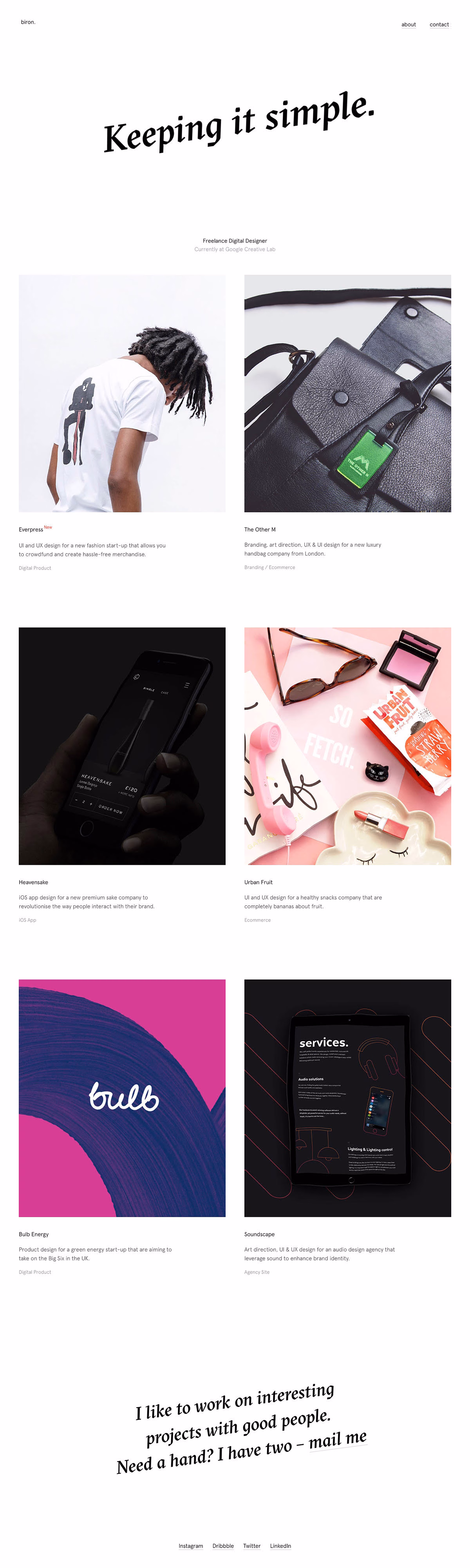 A minimalist website layout featuring bold typography and colorful project previews, emphasizing simplicity in design.