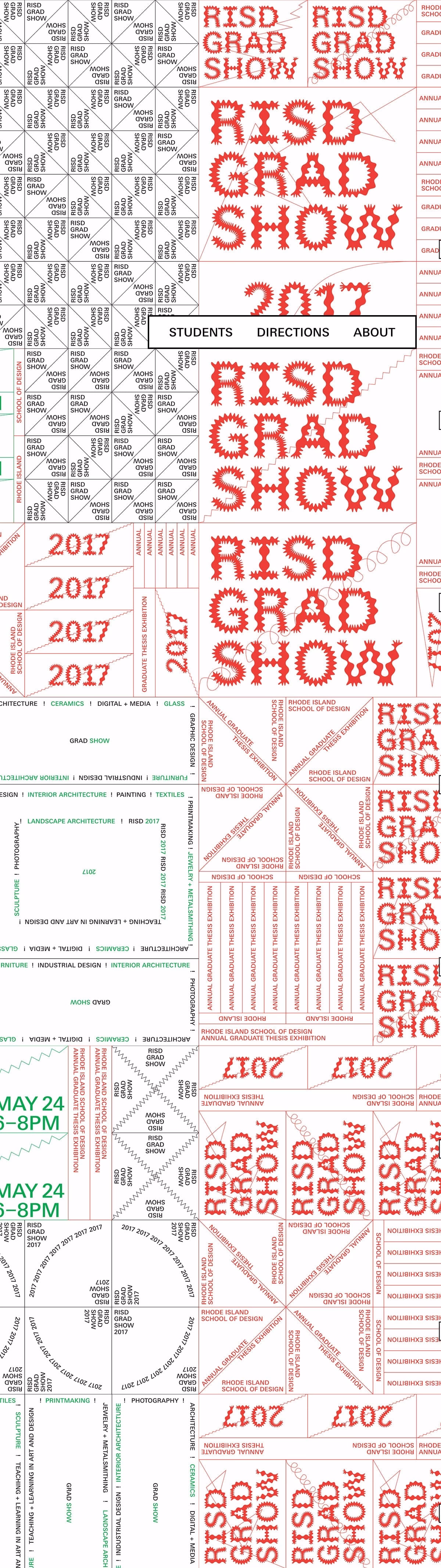 A collage of text featuring the phrase "RISD GRAD SHOW" in bold red, with event details and a variety of typography styles.