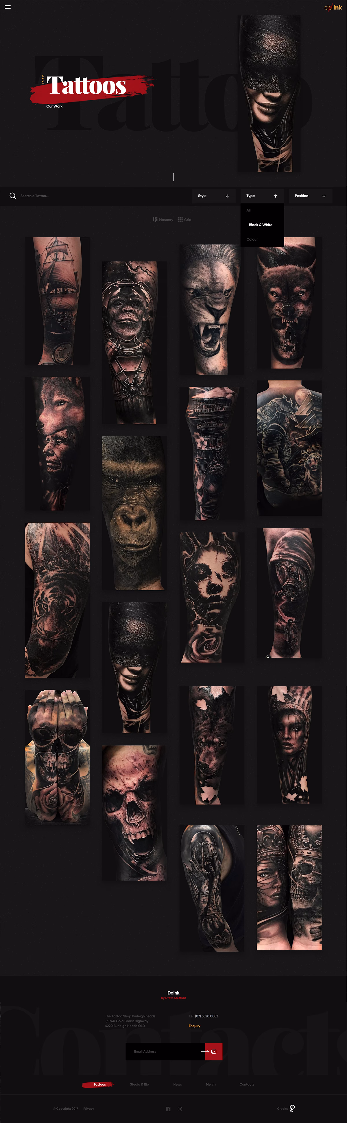 A grid of intricate black and white tattoos depicting various designs, including skulls and animals, on skin.