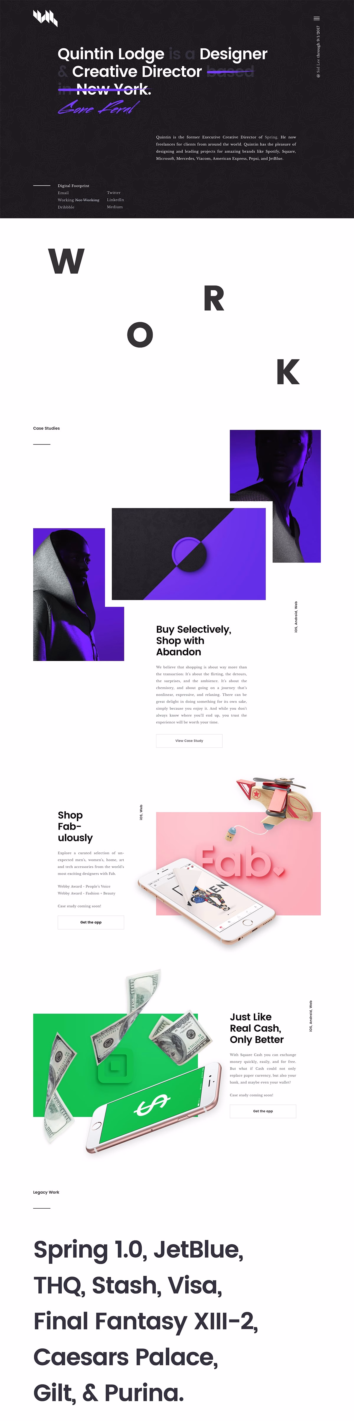 A dark-themed webpage features vibrant purple and green elements, showcasing text and images related to design projects.