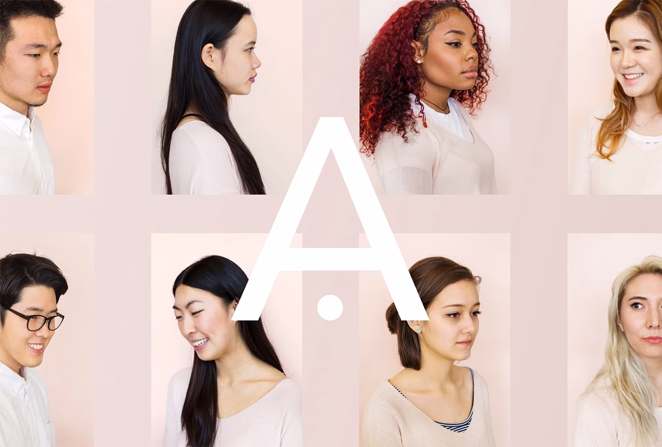 Eight individuals are shown in profiles against a soft pink background, dressed in light, pastel colors.