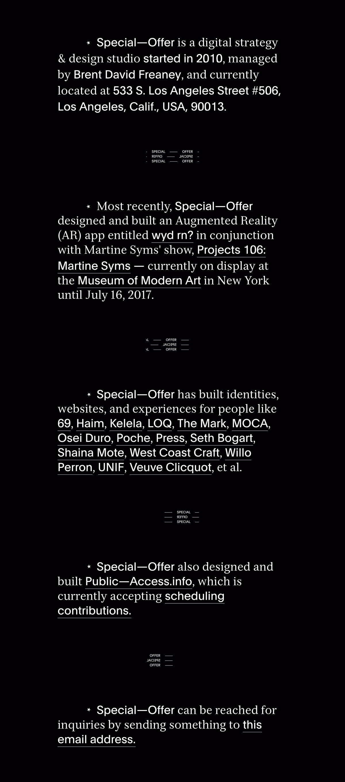 A black background features white text detailing the activities and offerings of Special—Offer, a design studio.