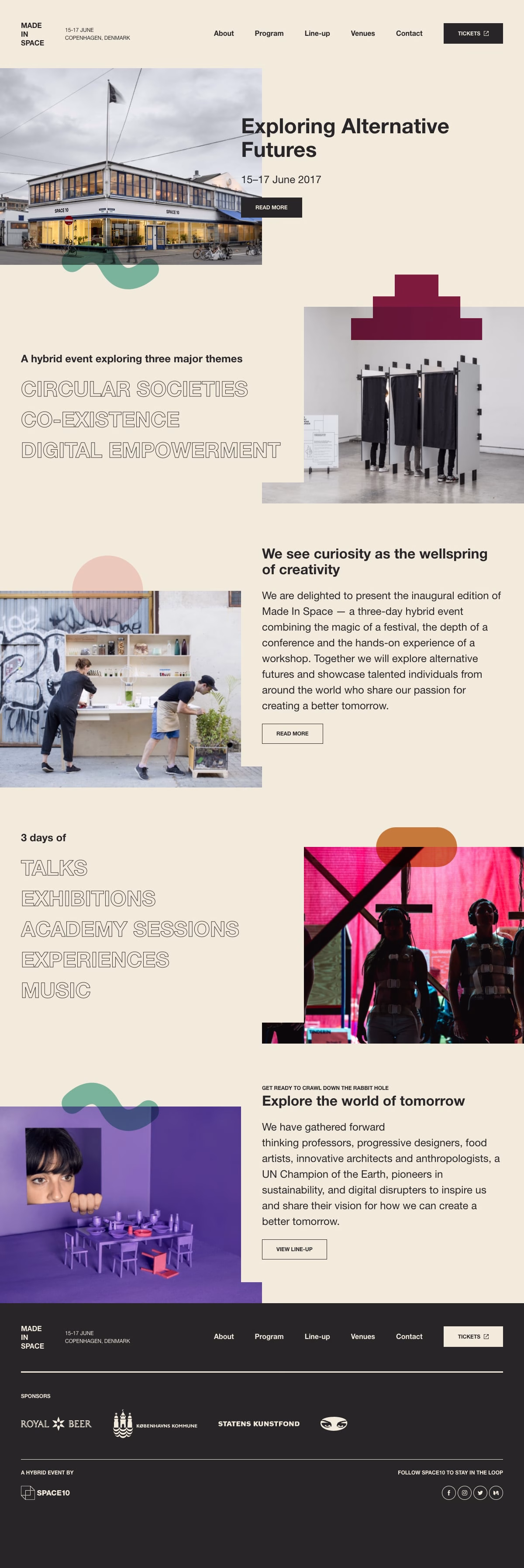 A vibrant webpage layout showcasing a design event, featuring colorful graphics and various text elements.