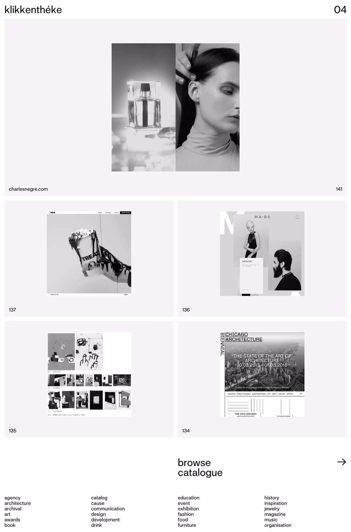 A grid of images features black-and-white designs, including a perfume bottle and an architectural publication.