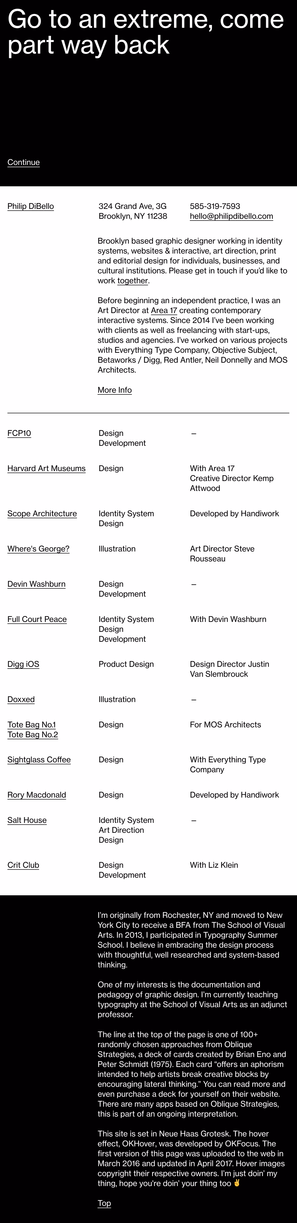 A minimalistic webpage featuring a black background, white text, and a simple layout containing design credits and contact information.
