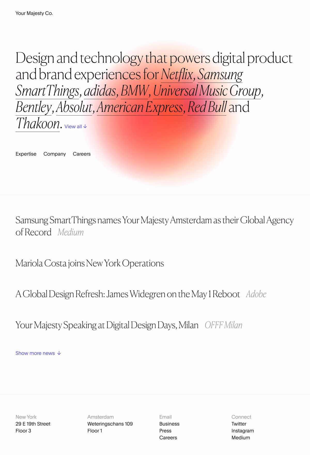 A digital interface features elegant typography with a soft gradient circle, highlighting various brand collaborations.