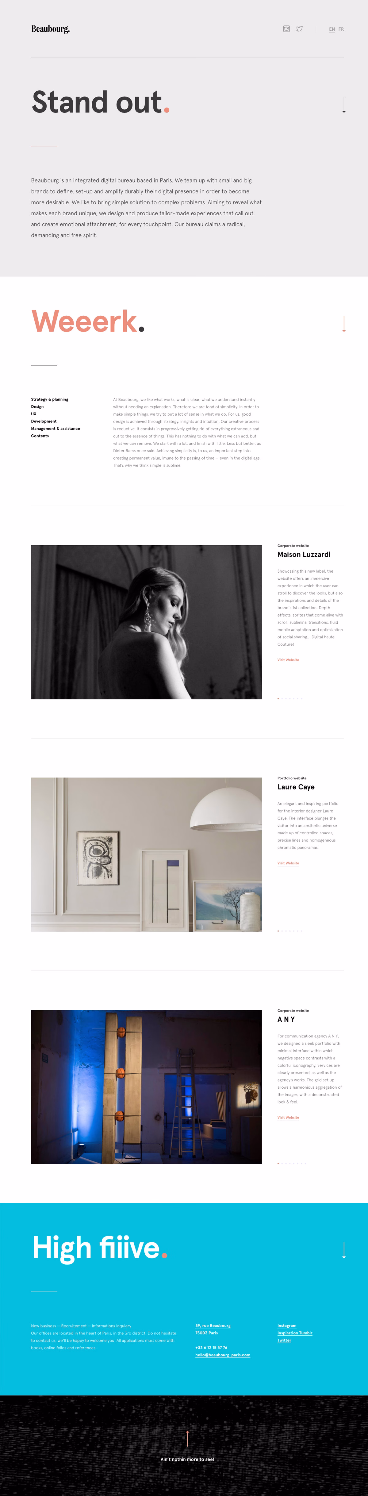 A webpage design featuring a soft color palette, large typography, and sections highlighting various digital projects.