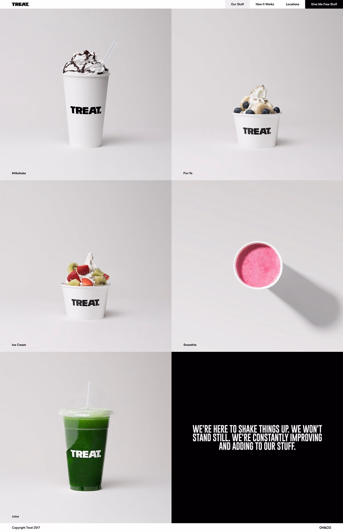 A grid displays various drinks in white cups, featuring a chocolate-topped milkshake and a green juice.