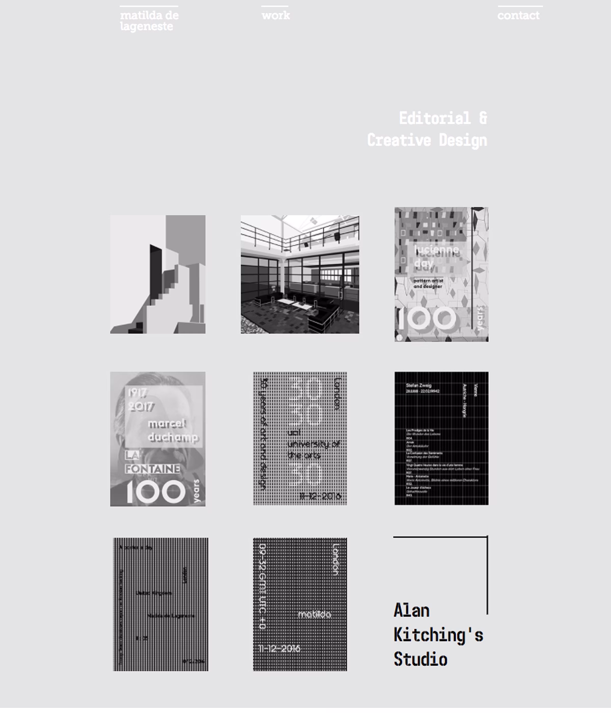 A grid layout displays various monochromatic design pieces, featuring typography and imagery in a minimal style.