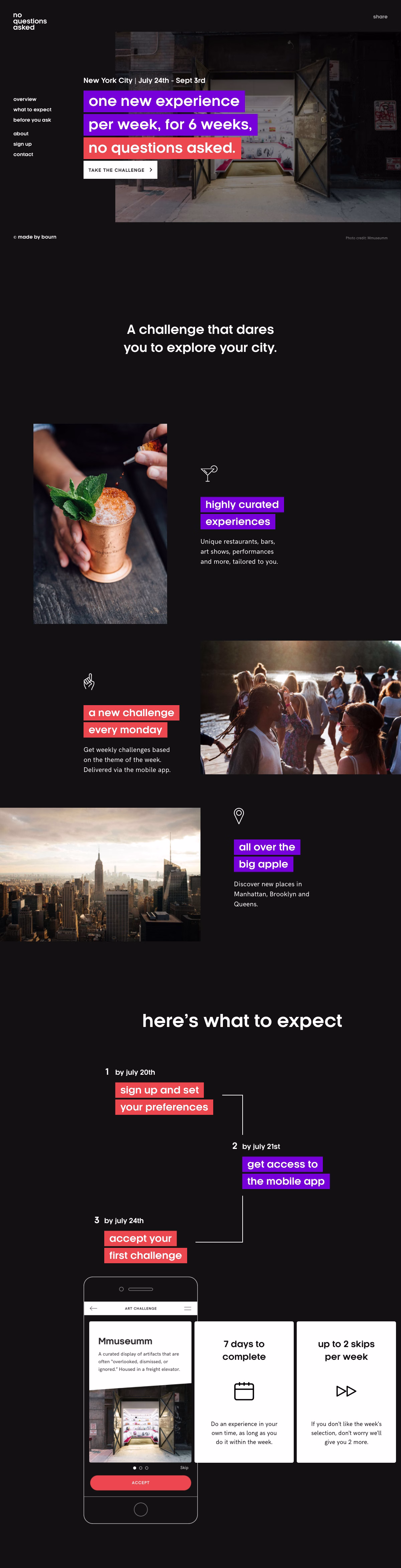 A mobile app interface displays a challenge to explore the city, featuring bright typography and a sleek design.