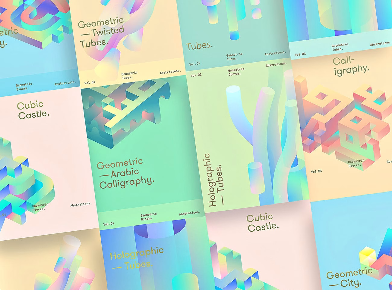 A collage of abstract geometric designs featuring soft pastel colors and various shapes, each noted with unique titles.