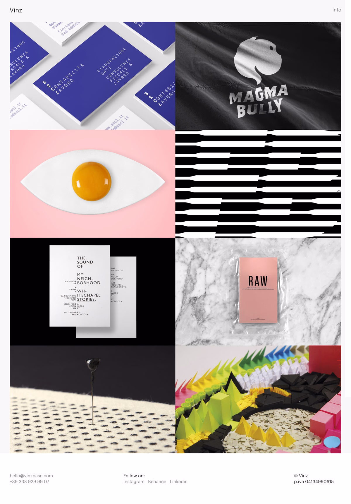 A collage features designs, including business cards, a graphic eye with an egg yolk, and colorful paper sculptures.