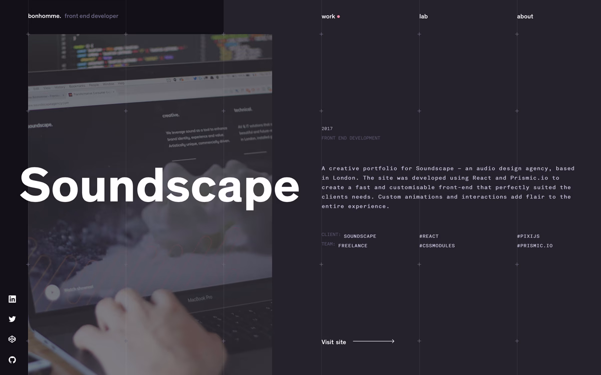 A dark-themed website layout features text about "Soundscape" alongside coding visuals and a MacBook.
