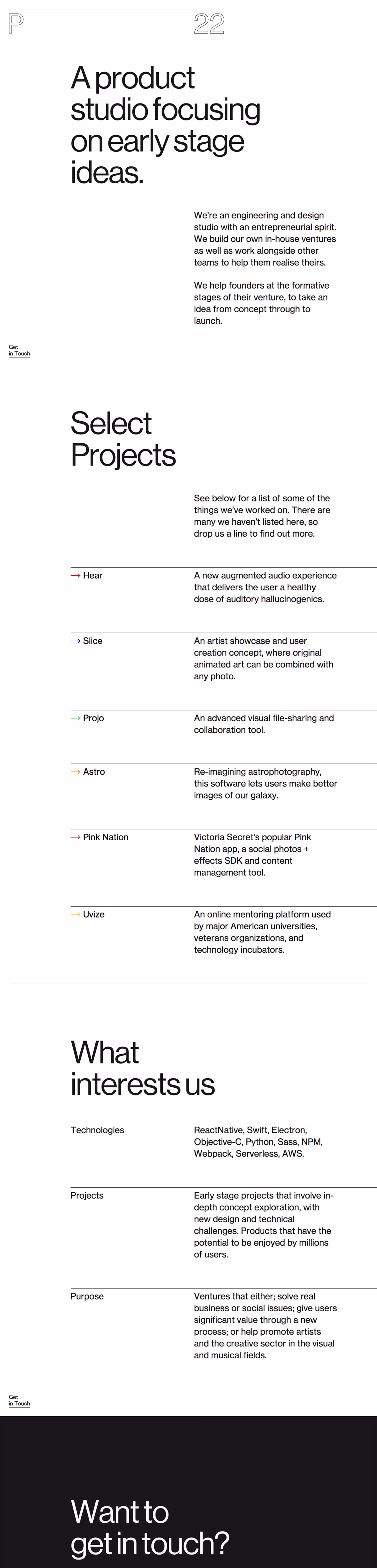 A clean layout displaying text in bold and light typefaces emphasizes early-stage product ideas and projects.