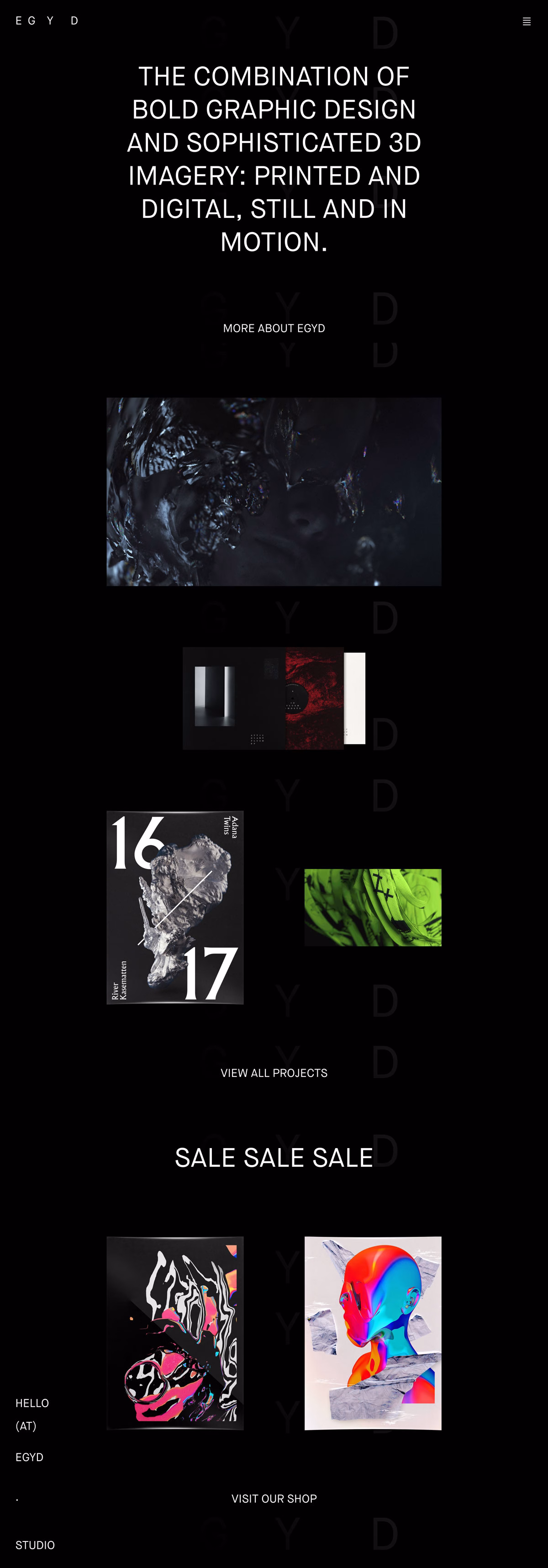 A dark background features bold graphic designs and vivid, abstract 3D imagery interspersed with text elements.