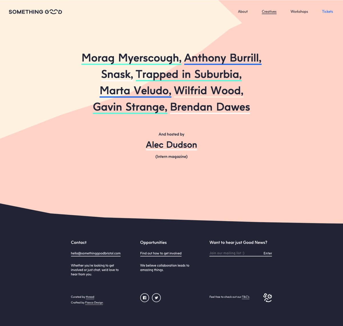 A light pink and navy webpage features names of creatives and a contact section, hosted by Alec Dudson.