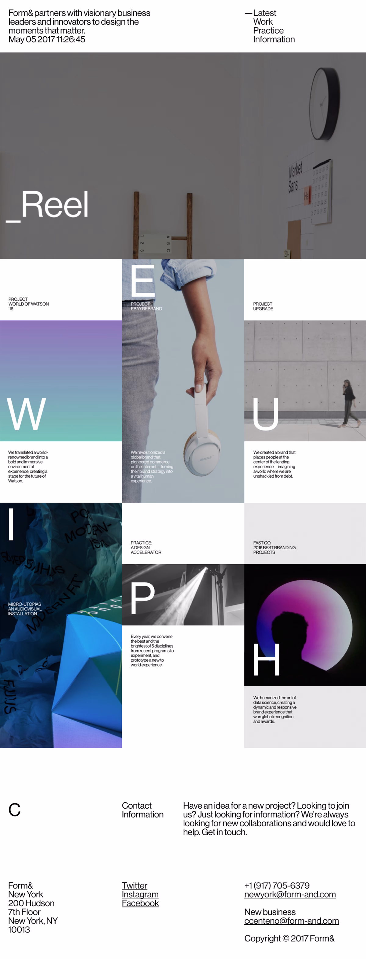 A minimalist website layout features bold typography and a curated selection of project visuals and text blocks.