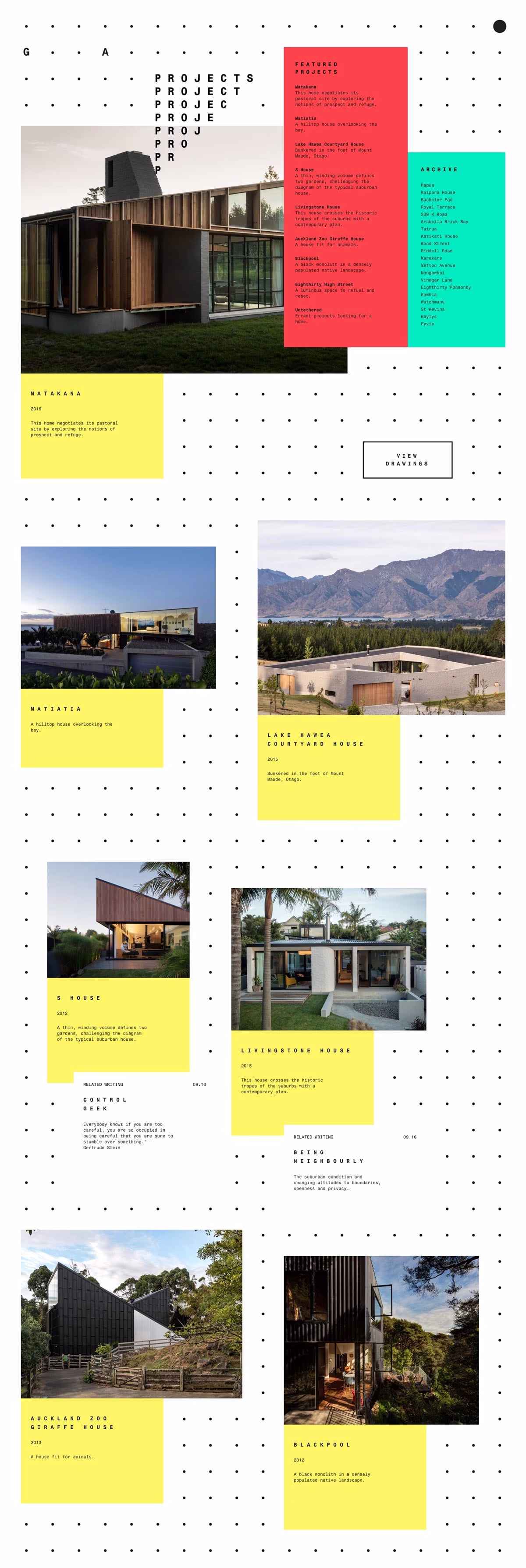 A collage of architectural projects displayed on a dotted grid background, incorporating bold colors and typography.