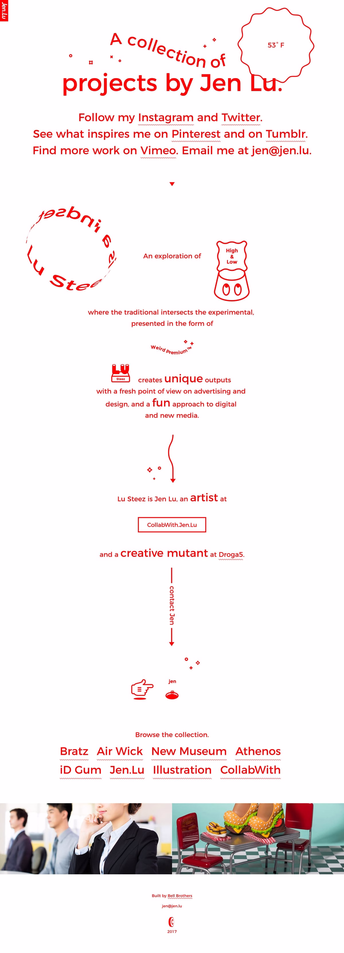 A vibrant red and white layout showcasing projects by Jen Lu, featuring text and playful graphics.