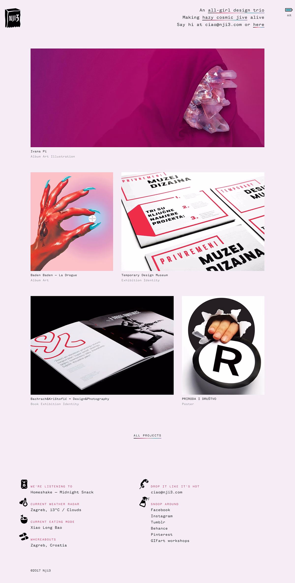 A bold pink background showcases various graphic design works, including album art and exhibition identities.