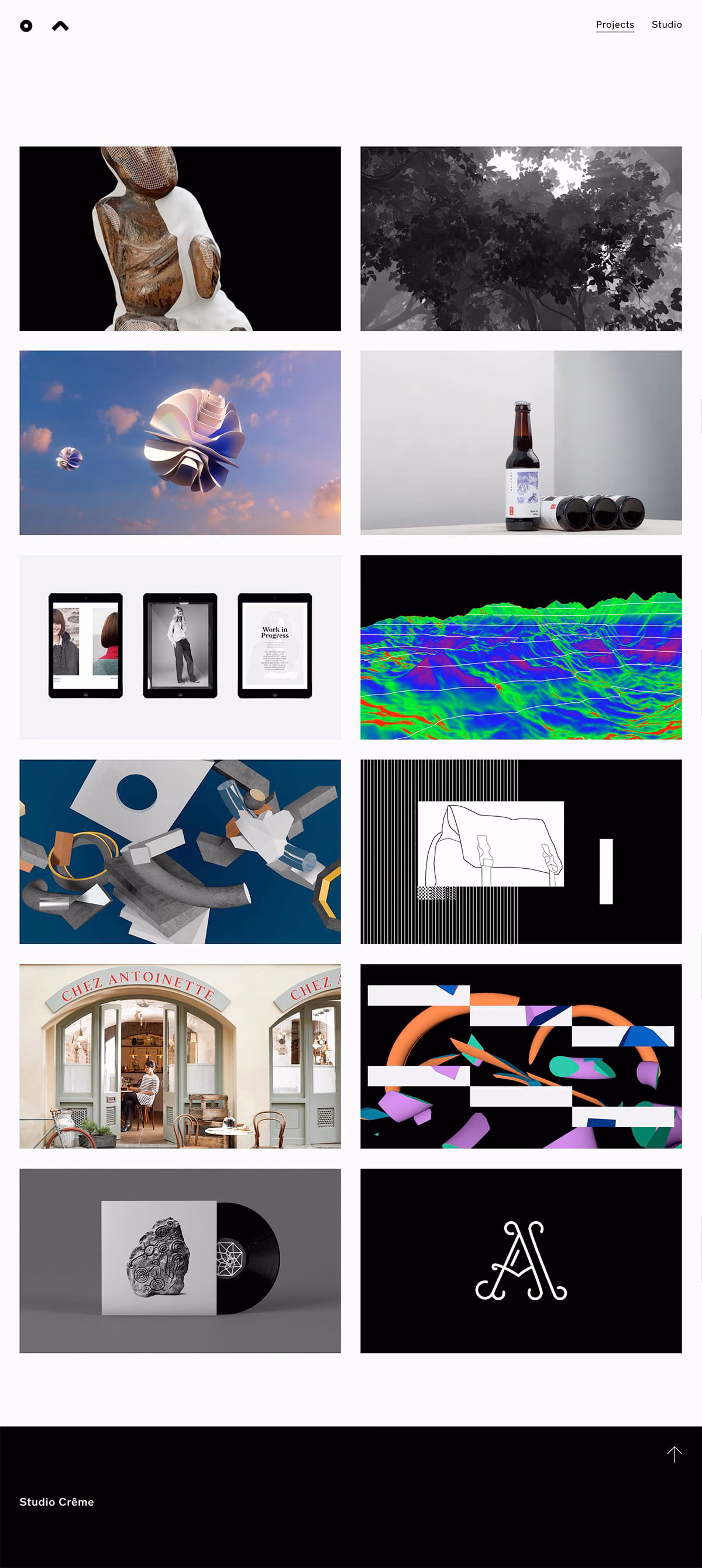 A grid featuring a variety of artworks, including a sculpture and vibrant digital designs on different backgrounds.