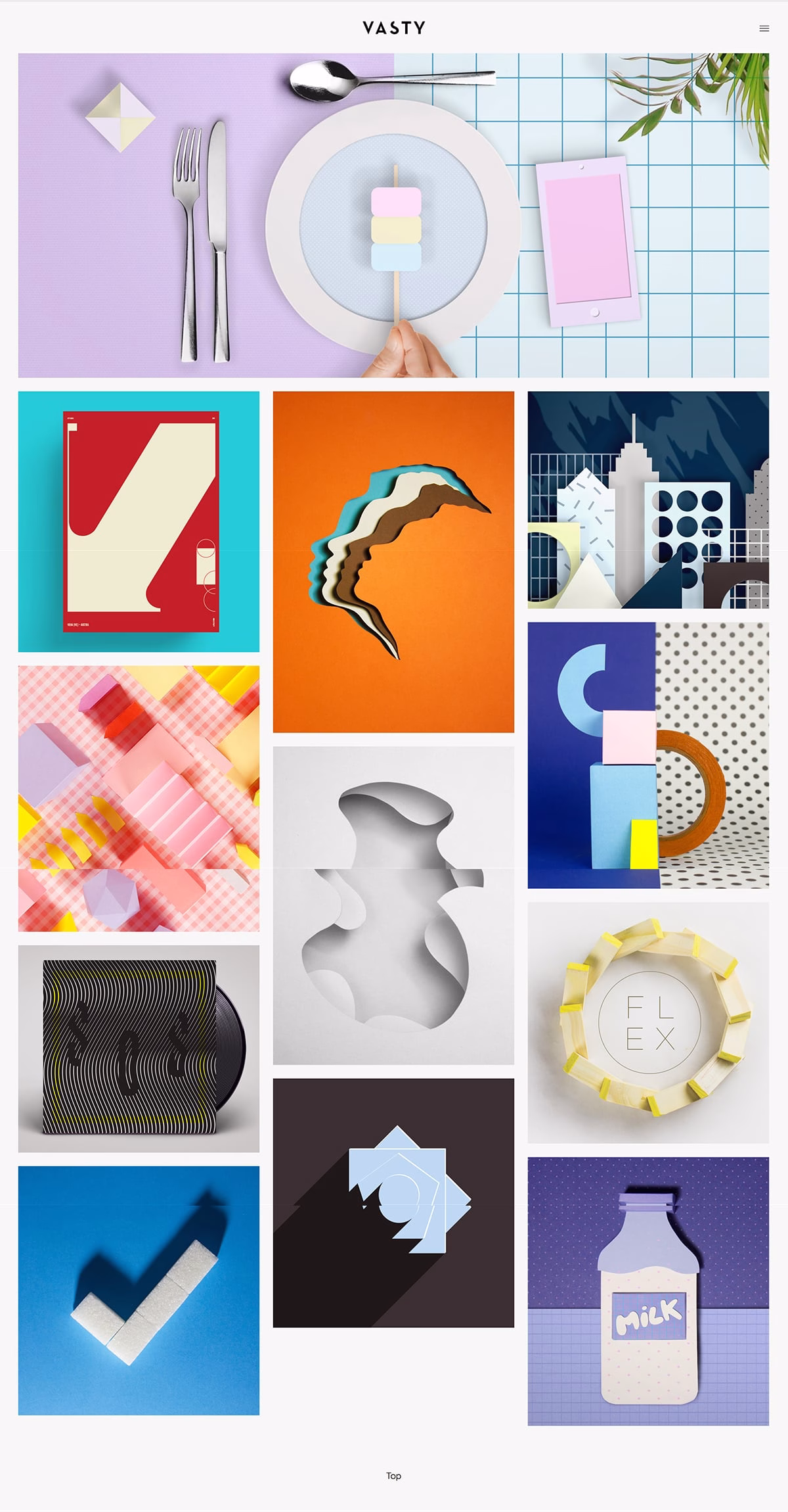 A vibrant collage of abstract paper designs featuring various shapes, colors, and textures on a grid backdrop.