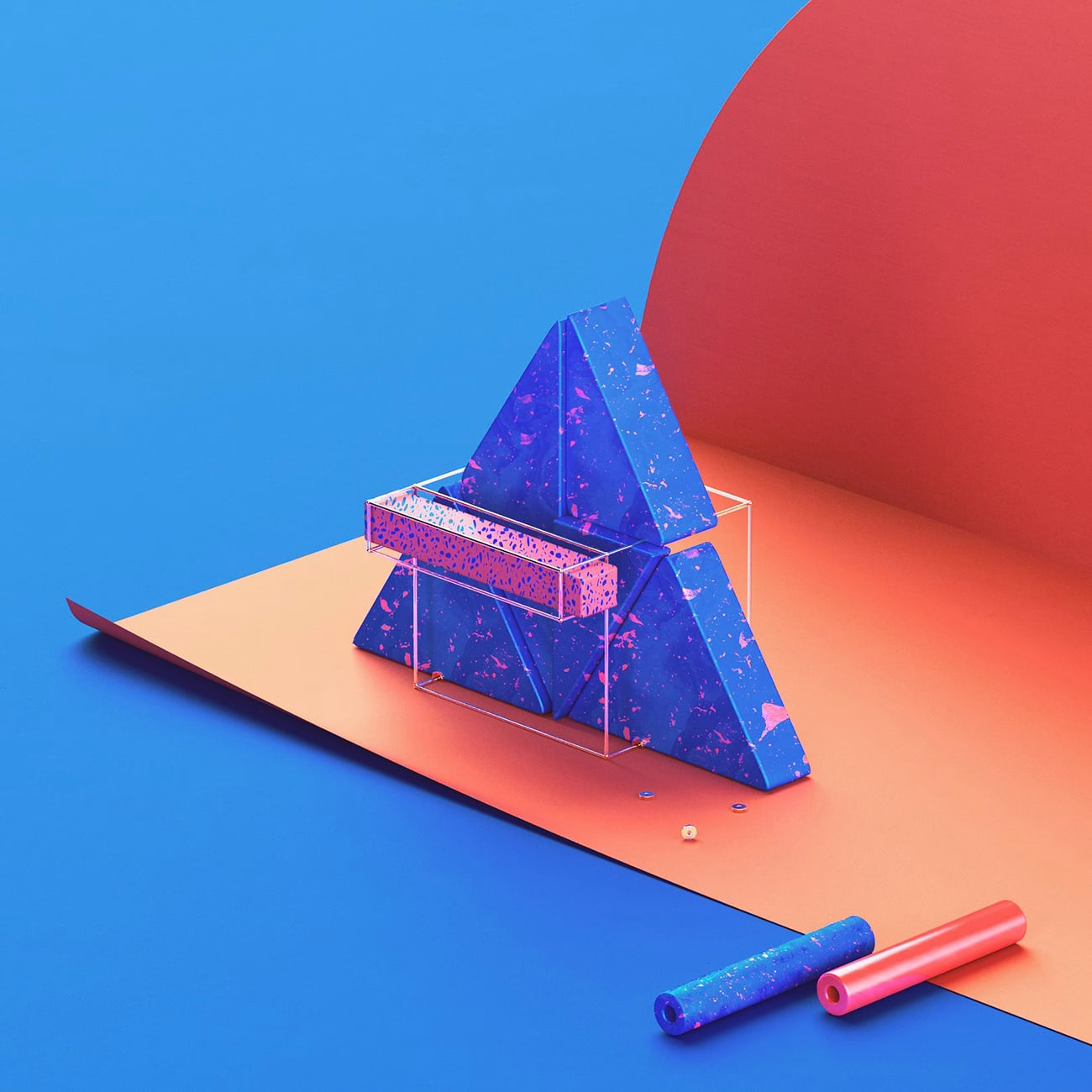 A vibrant blue and orange scene features geometric shapes stacked playfully, with a sparkling texture throughout.
