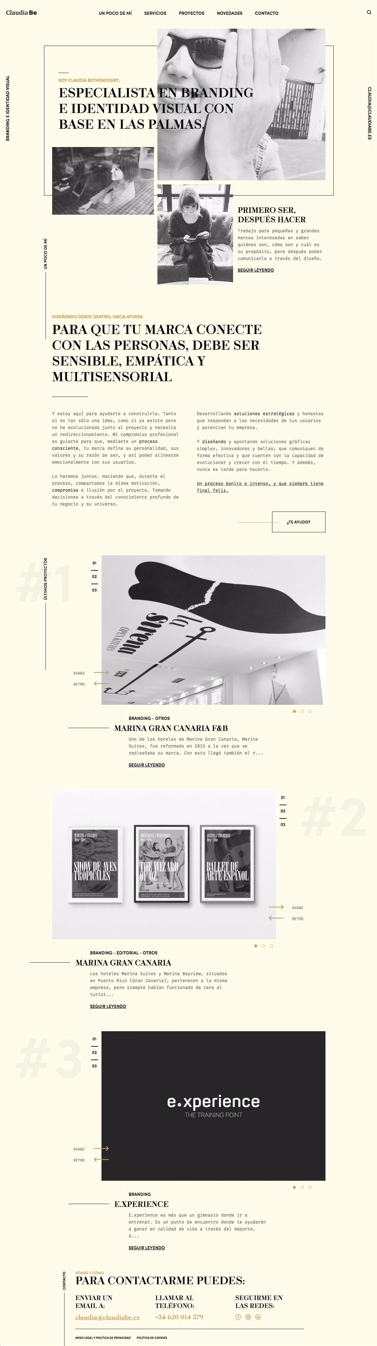 A minimalist web layout displays sections with typography in black and gold against a light background, featuring text and images.