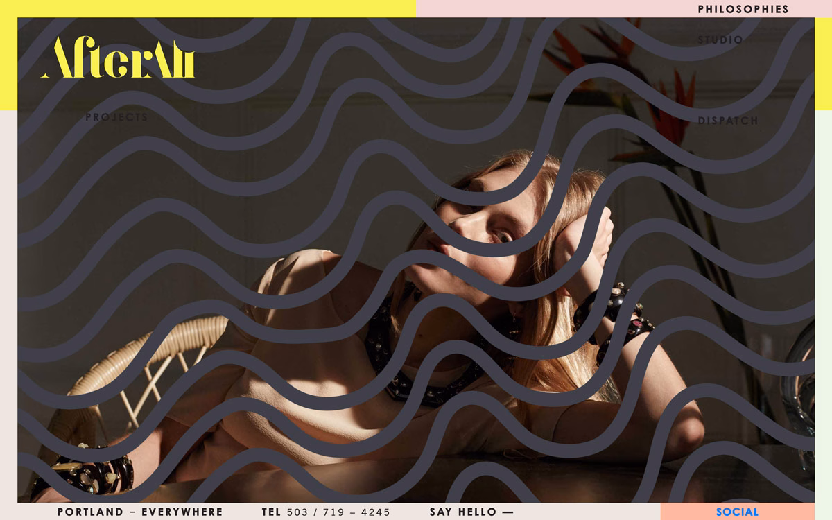 A woman rests her head on her arms, framed by flowing wave patterns in gray against a bright yellow background.