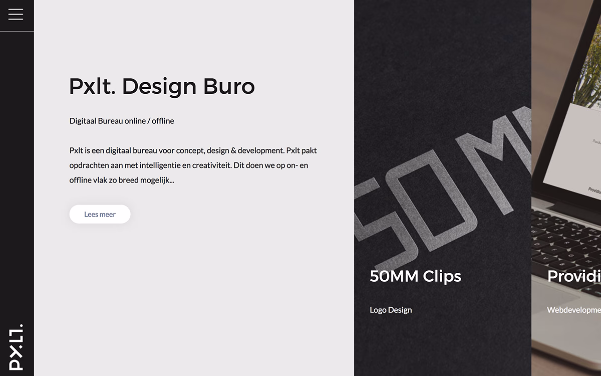 A sleek website layout featuring a modern typographic header and a dark gray textured background on the left.