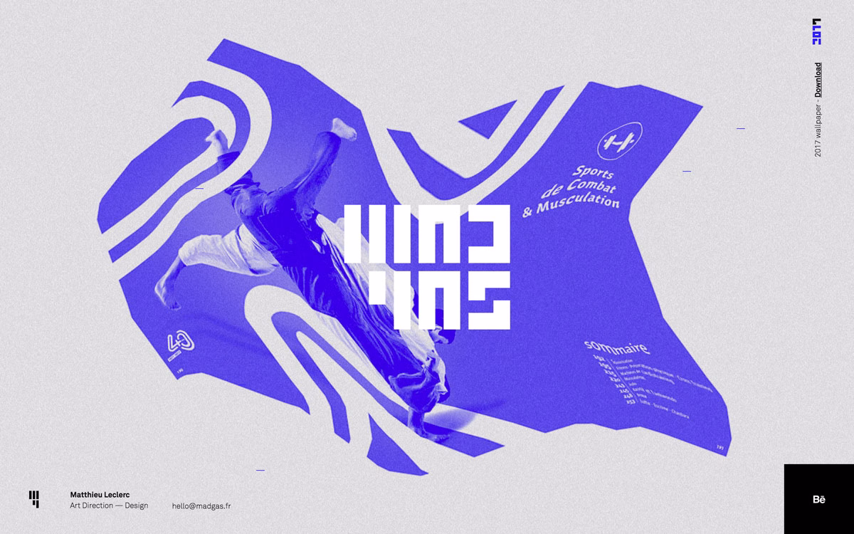 A dynamic figure in motion is set against a textured gray background, accented with bold blue graphics and typography.