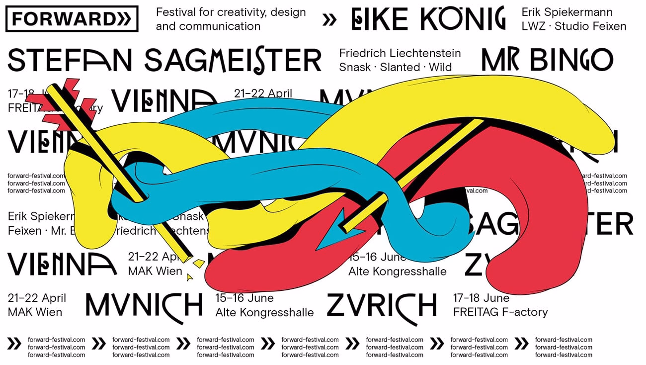 A graphic design poster featuring bold, colorful shapes and typography for a creative festival in various cities.