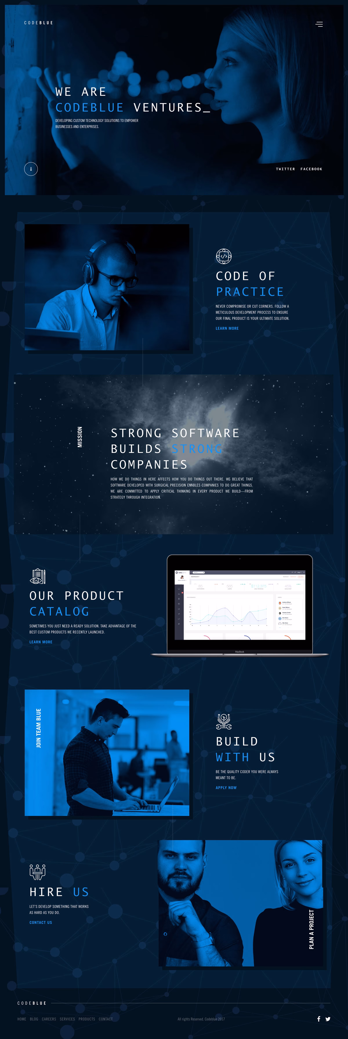 A dark-themed interface showcases sections with blue accents, featuring people working and technology visuals.