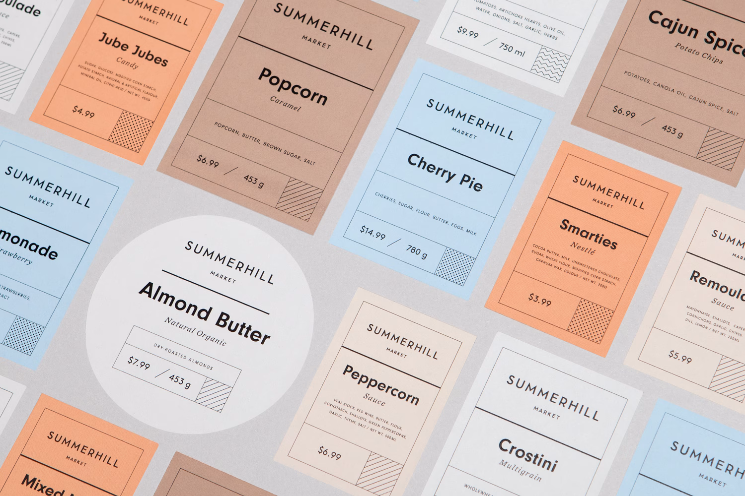 A collection of product labels in pastel colors, featuring names and prices on a light gray background.