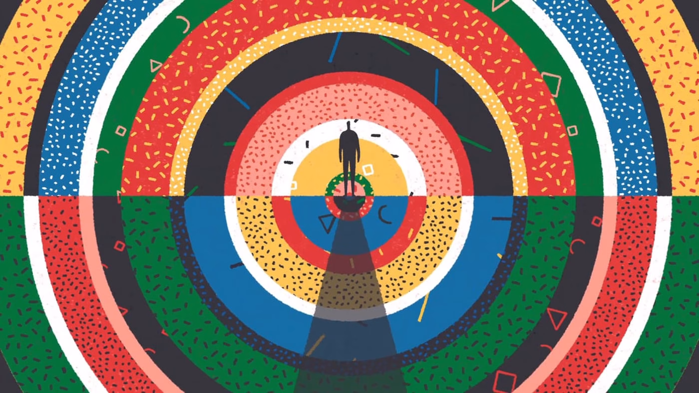 A silhouetted figure stands at the center of concentric circles in vibrant colors, creating a sense of depth and focus.