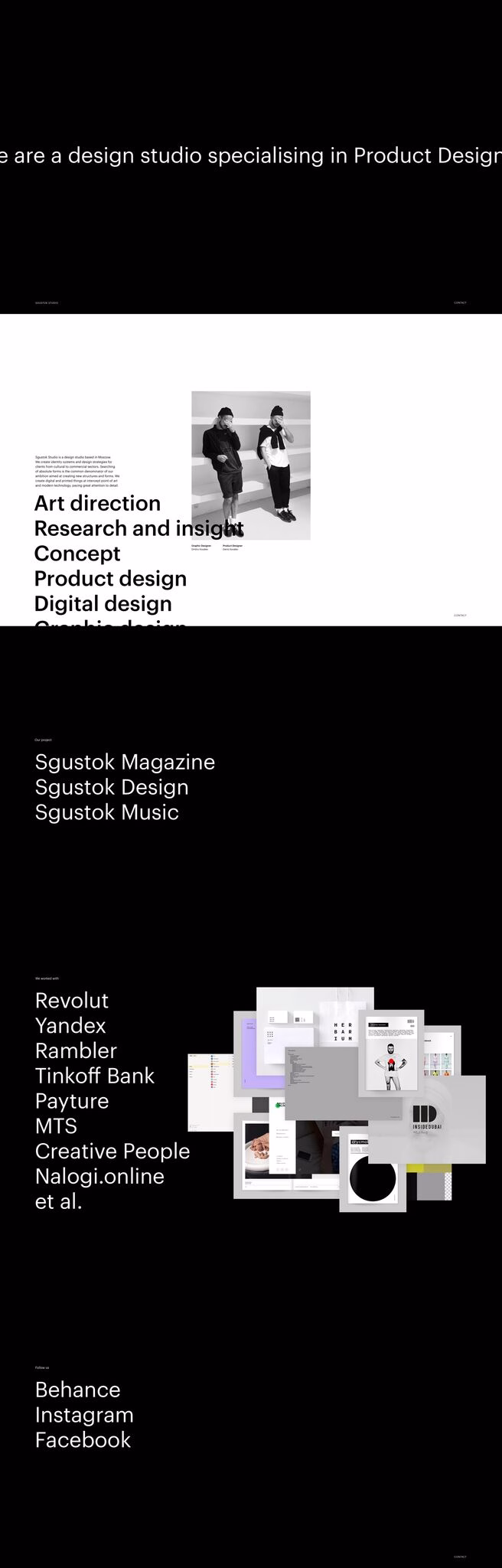 A monochromatic layout showcases various design services and projects, alongside logos of notable clients and social media links.
